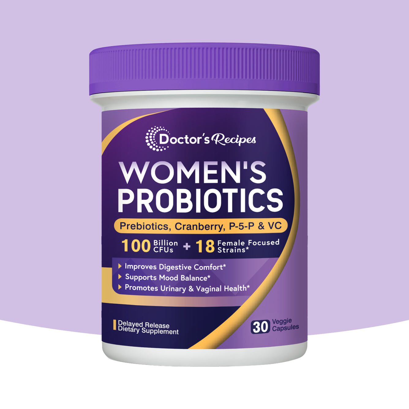 Doctor’s Recipes Probiotics for Women 100 Billion CFU 18 Probiotic Strains, with Prebiotics, Cranberry, P-5-P & VC, 30 Vegan Caps