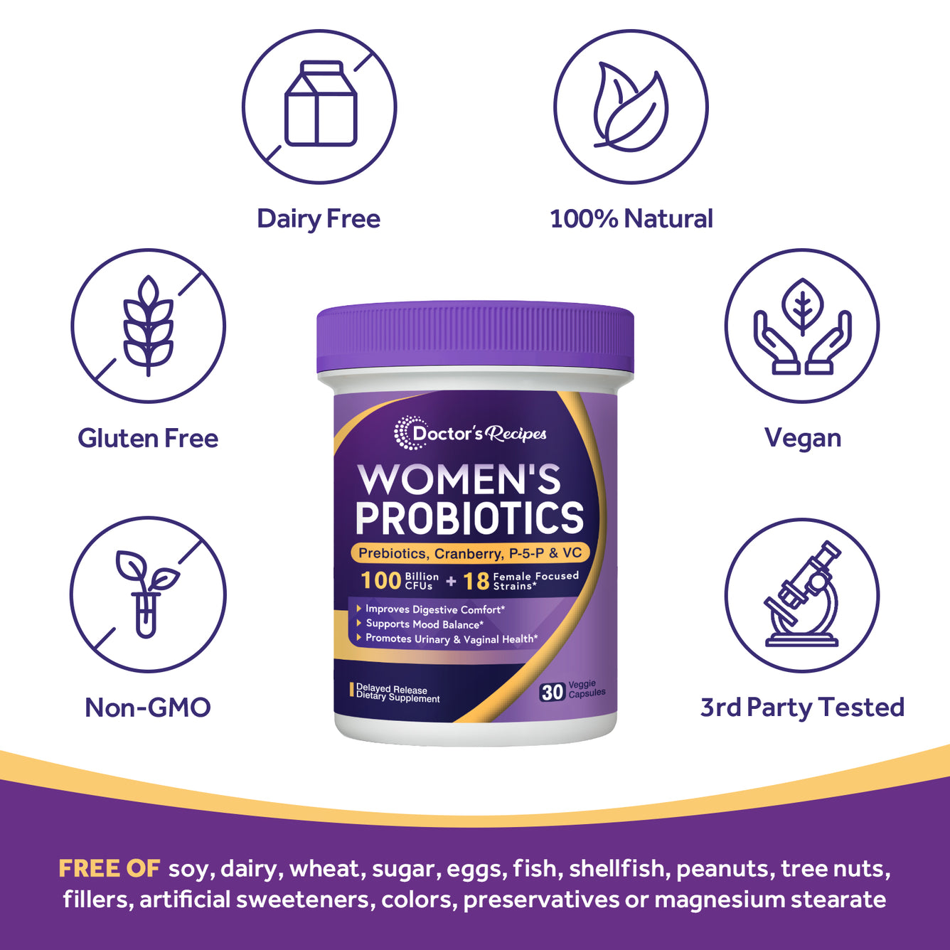 Doctor's Recipes Women's Probiotics is free of GMO gluten soy dairy
