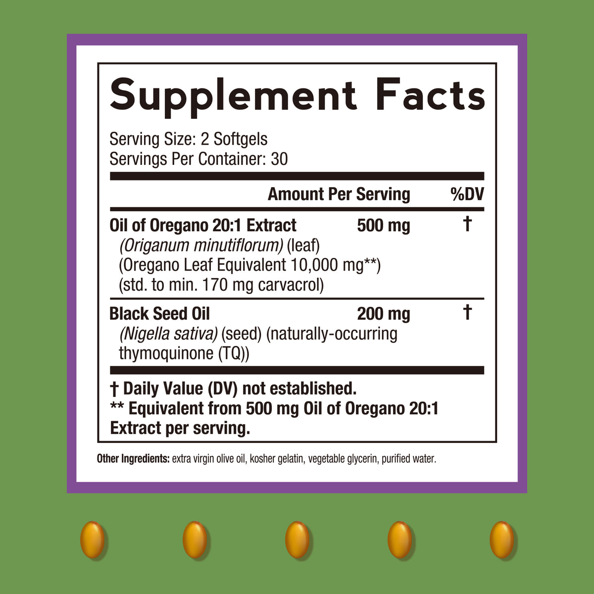 Oil of Oregano Supplement Facts, 500mg oregano oil 20:1 extract with 200 mg black seed Oil, 30 servings