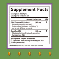 Oil of Oregano Supplement Facts, 500mg oregano oil 20:1 extract with 200 mg black seed Oil, 30 servings