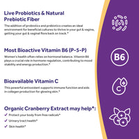 Doctor's Recipes Women's Probiotics contains probiotics prebiotic fiber P-5-P vitamin C organic cranberry 