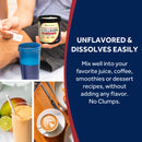 Mix well into your favorite juice, coffee, smoothies or dessert
recipes, without adding any flavor. No Clumps.