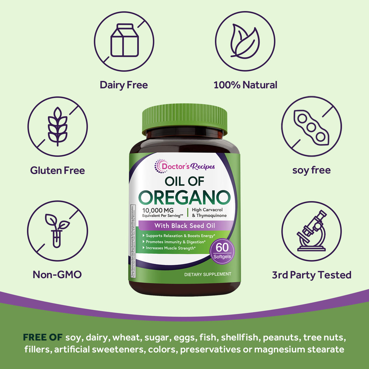 Doctor's Recipes Oil of Oregano is free of GMO gluten soy dairy