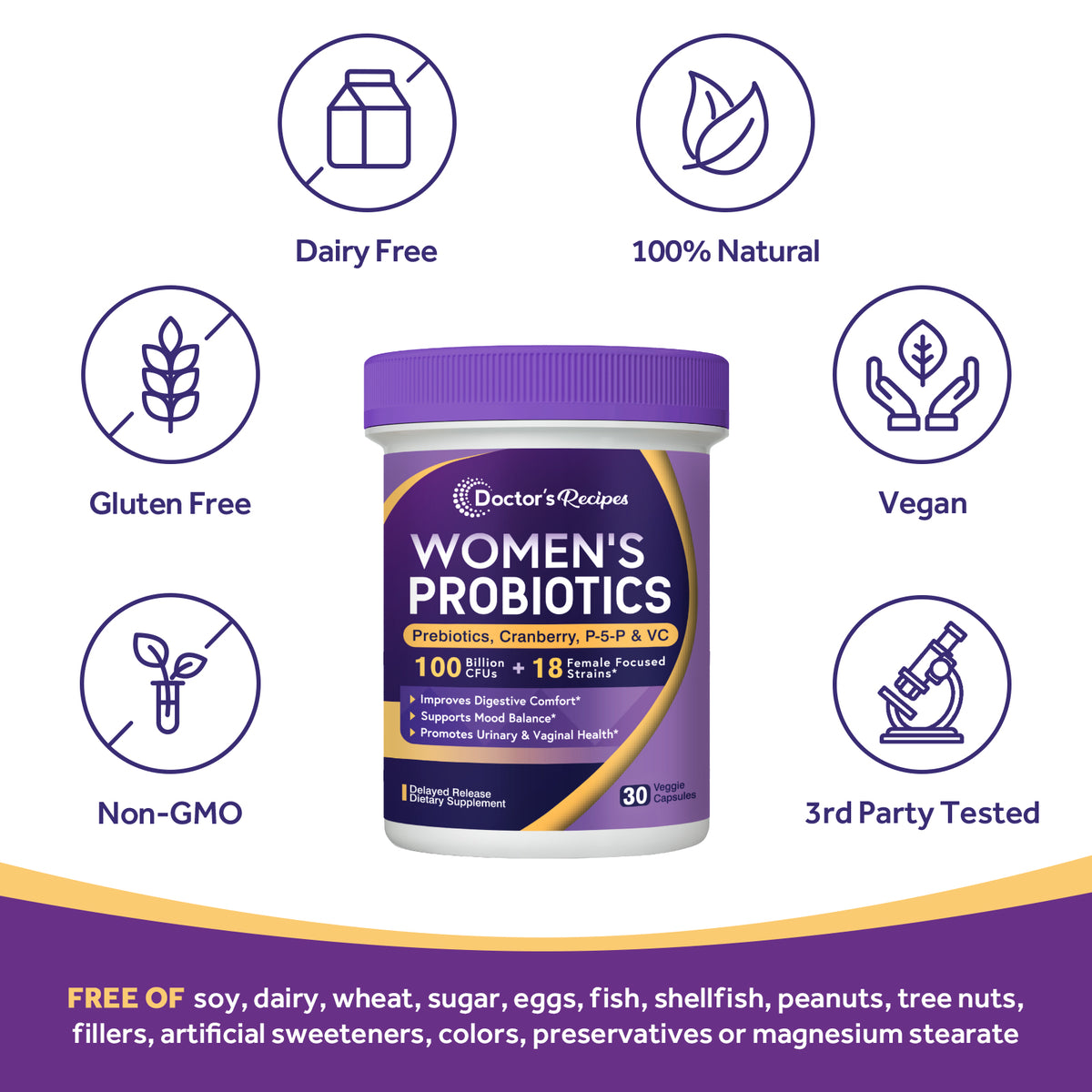 Doctor's Recipes Women's Probiotics is free of GMO gluten soy dairy