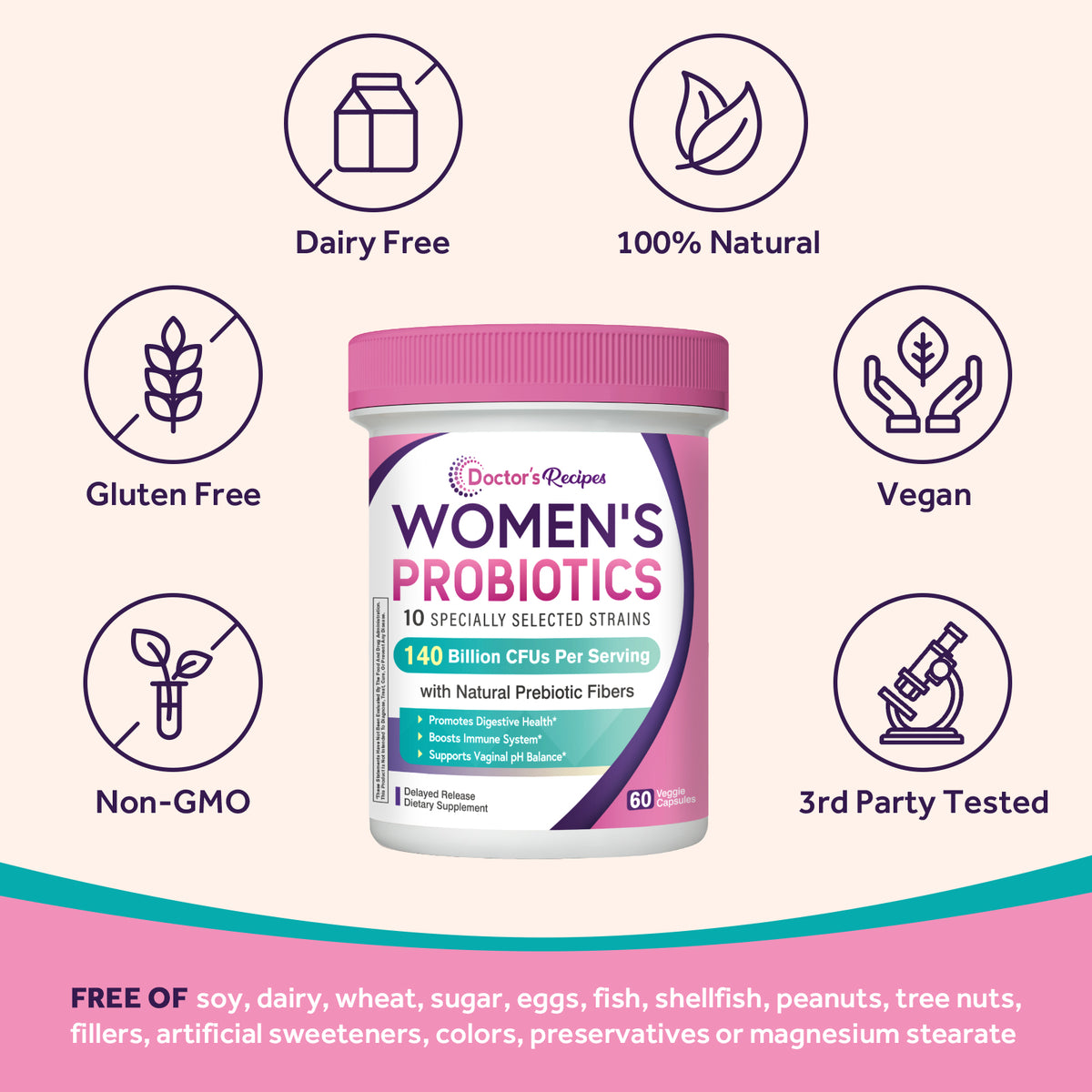 Doctor's Recipes Women's Probiotics is free of GMO gluten soy dairy