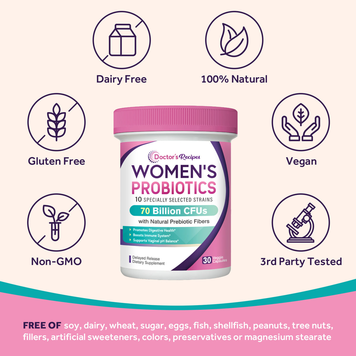 Doctor's Recipes Women's Probiotics is free of GMO gluten soy dairy