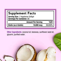 Biotin Supplement Facts, 10000 mcg Biotin, with Coconut Oil, 90 servings