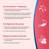 Doctor's Recipes Women's Probiotics contains organic cranberry extratc and digestive enzymes