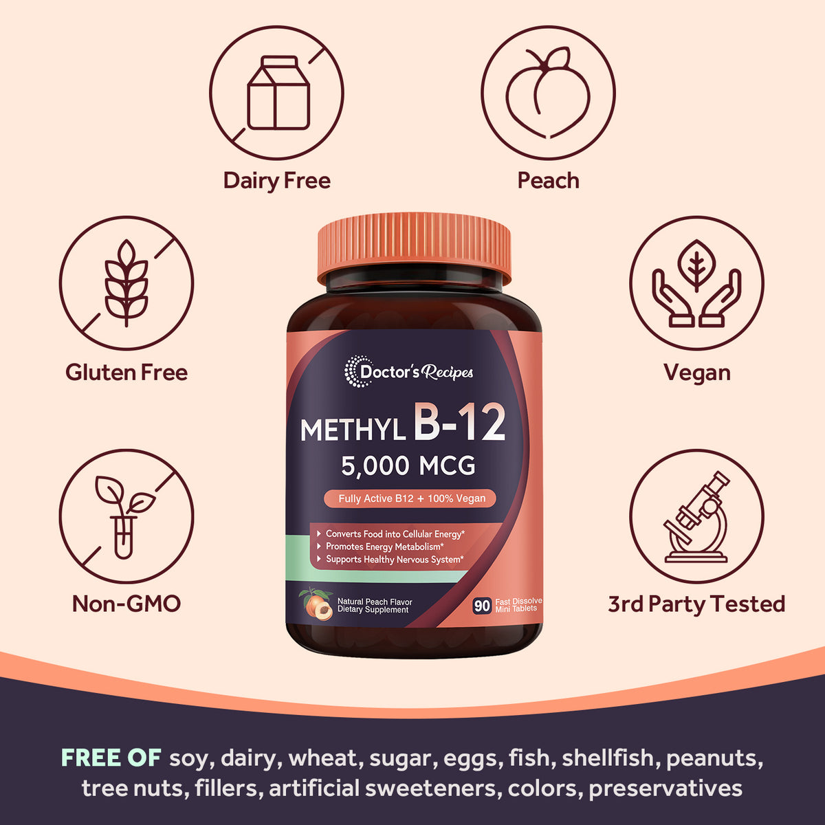 Doctor’s Recipes Methyl B12 is free of GMO gluten soy dairy