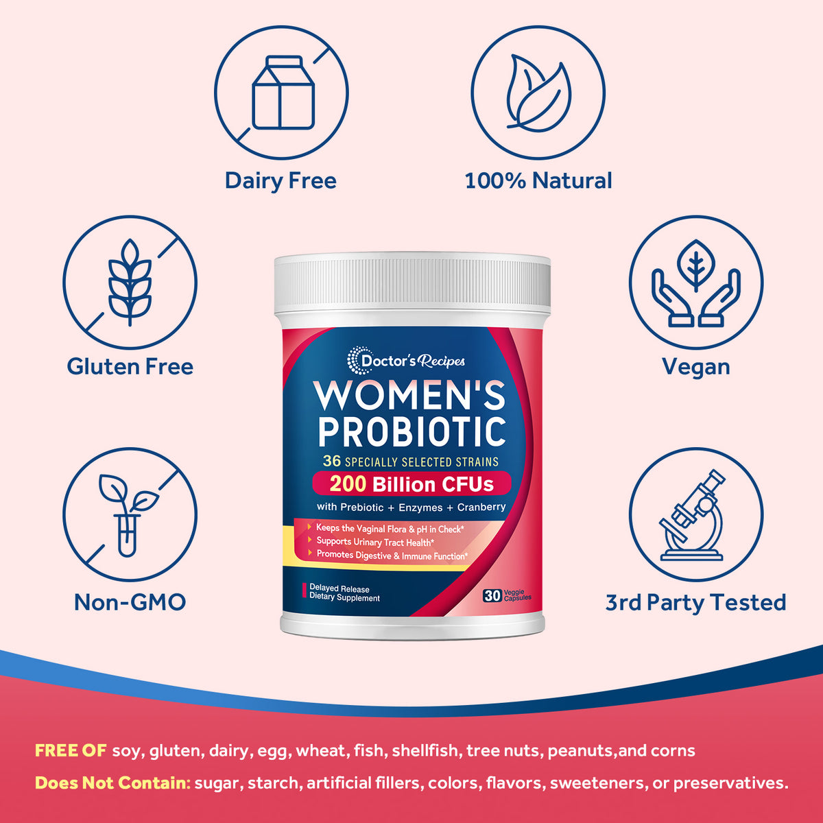 Doctor's Recipes Women's Probiotics is free of GMO gluten soy dairy